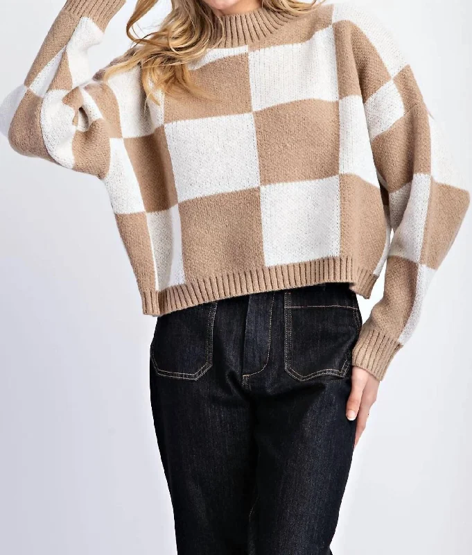 Checker Cropped Sweater In Taupe