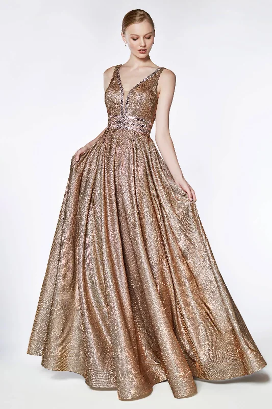 Cinderella Divine CJ505 Long Metallic Formal Prom Dress Ball Gown