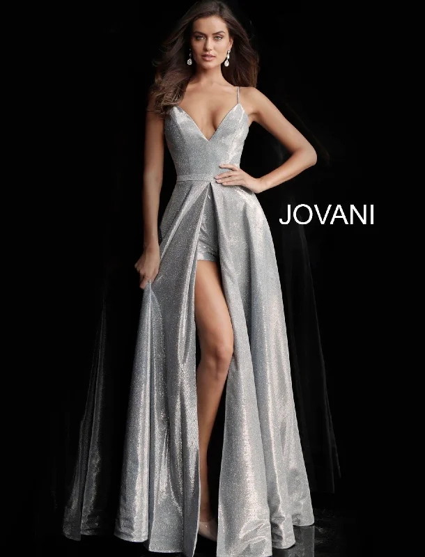 Jovani 66284 Metallic Romper with Overskirt Prom Dress