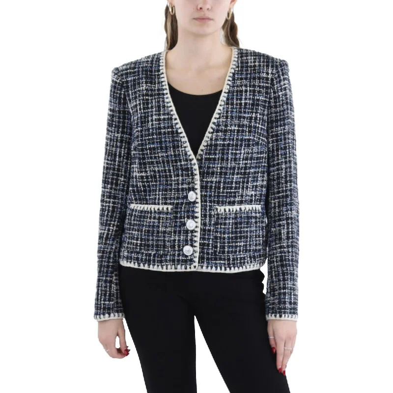 Womens Tweed Contrast Trim Collarless Blazer