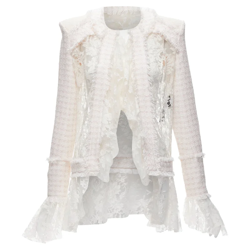 Balmain spencer tweed sheer lace ruffle blazer jacket