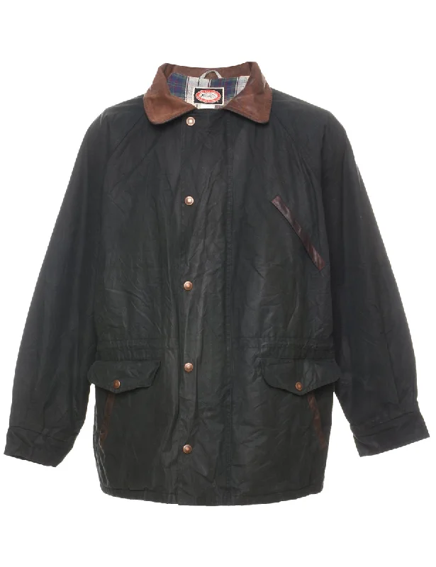 Dark Green & Brown Contrast Collar Wax Jacket - M