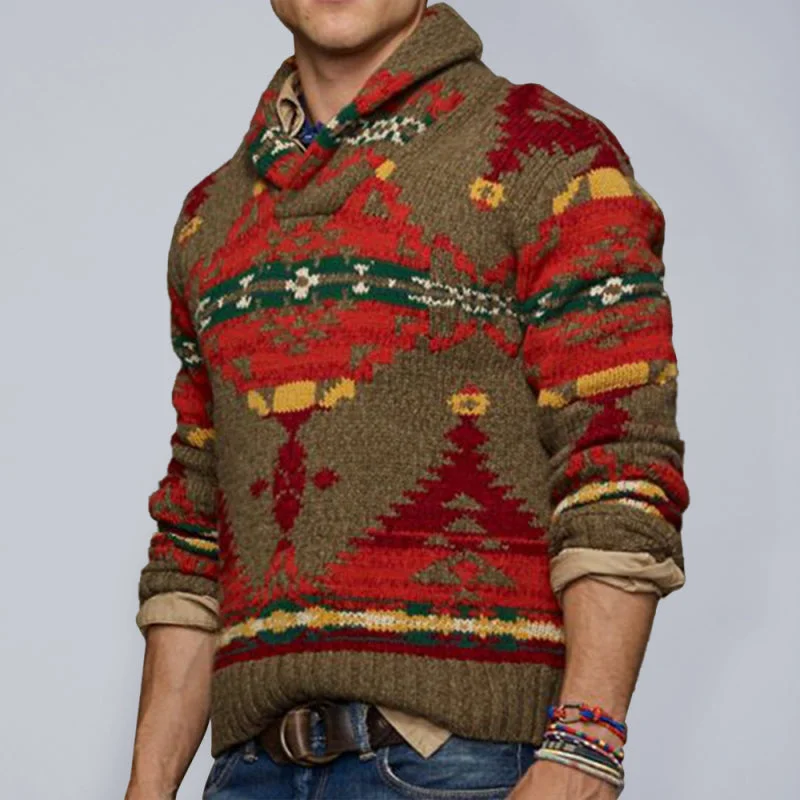 Men's retro geometric jacquard long-sleeved sweater