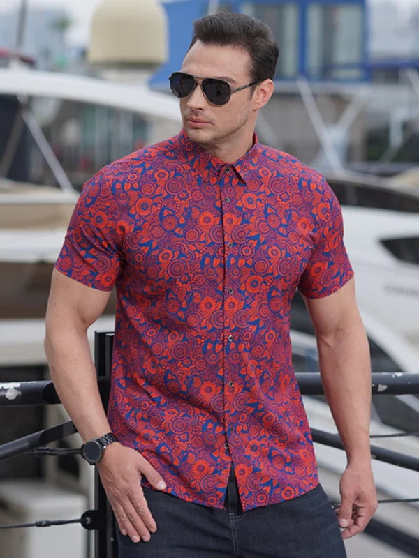 New large size men's stretch leaf flower short-sleeved shirt