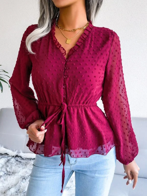 Women's lantern long-sleeved ruffles tie waist polka dot chiffon blouse