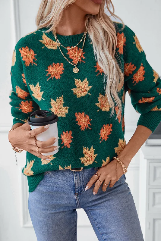 Evergreen Maple Leaf Pattern Pullover Sweater