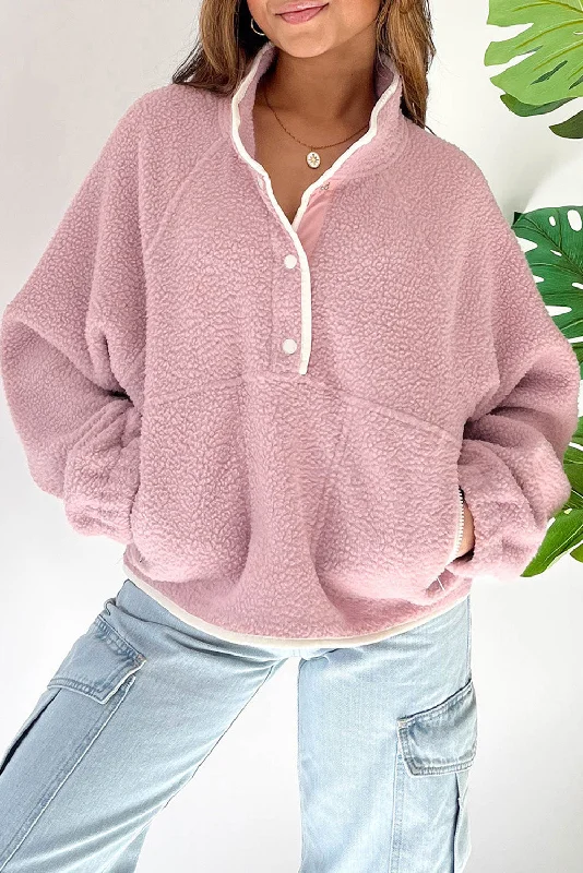 Fushia High Collar Long Sleeve Pocket Pullover Sweatshirt