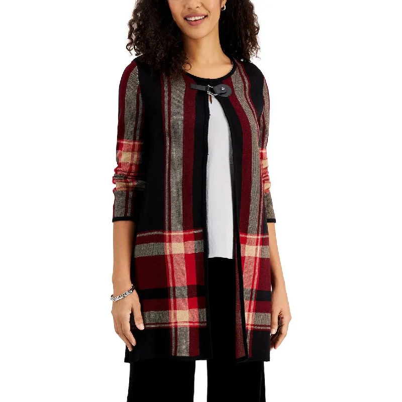 Kasper Womens Plaid Flyaway Cardigan Sweater