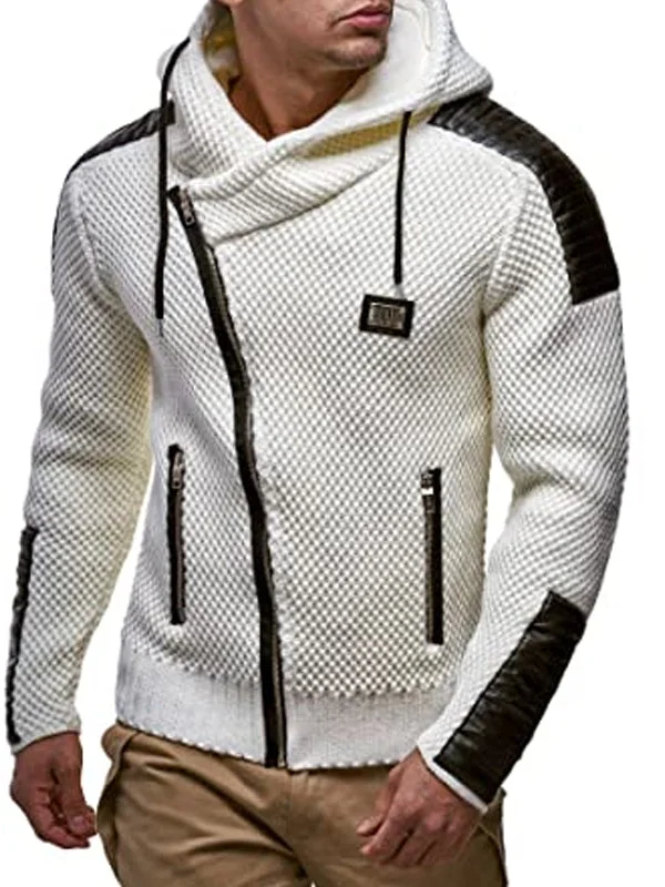 Mens Fashion Stitching Slim Zipper Hooded Sweater Coat