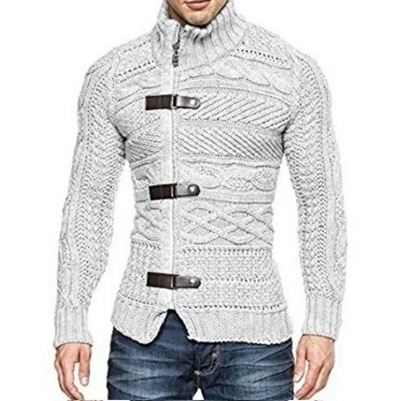 Men's High Neck Leather Button Knitted Sweater