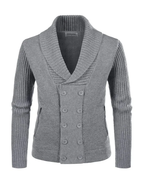 Mens Plain Fashion Lapel Double-Breasted Sweater