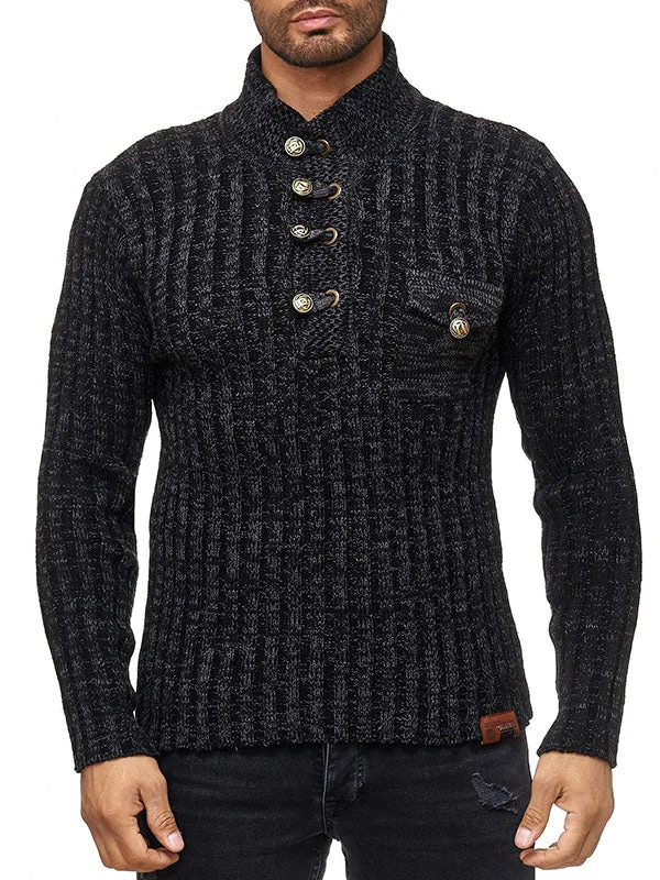 Mens Stand Collar Button Knitted Sweater