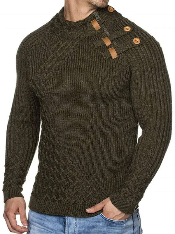 Men's Stand-Up Collar Button Zip Pure Color Sweater