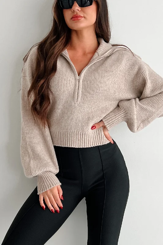 Playing Your Games Half-Zip Collared Sweater (Taupe)