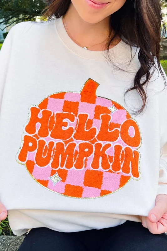 White Terry Halloween Pumpkin Patched Pullover Sweatshirt