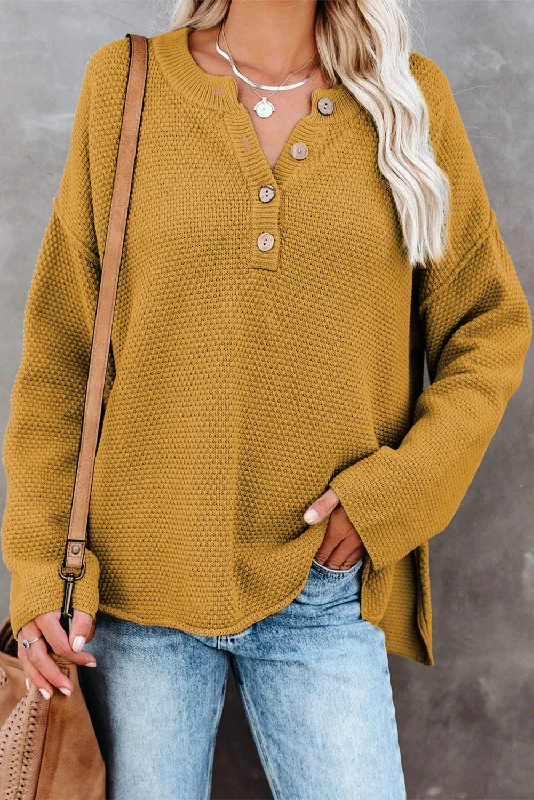 Yellow Drop Shoulder Henley Pullover Sweater With Slits