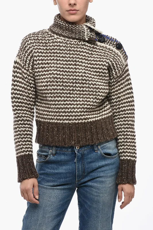 Bottega Veneta Two-Tone Wool Pullover with Leather Buttons