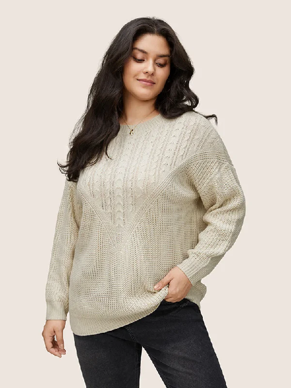 Cable Knit Drop Shoulder Crew Neck Pullover