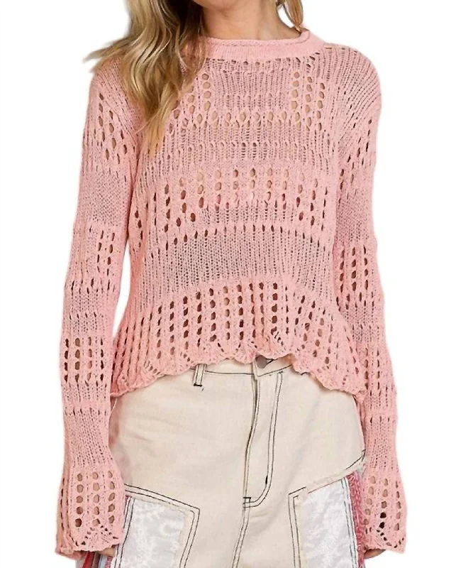 Flare Sleeve Open Knit Casual Pullover Sweater Top In Pink