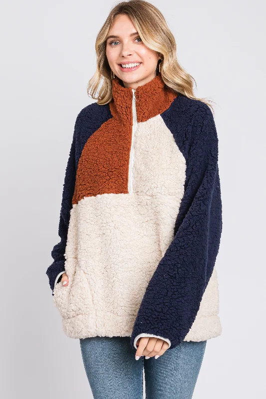 Ivory Colorblock Oversized Fleece Pullover Top