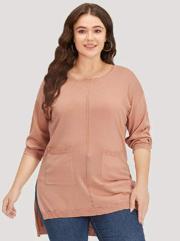 Solid Patched Pocket Split Side High Low Hem Pullover