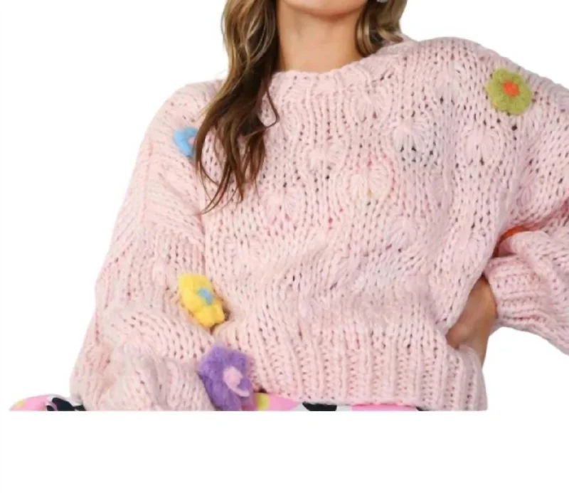 Cropped Crochet Sweater With 3D Flowers In Pink