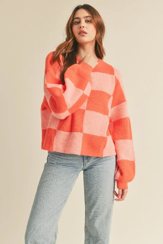 Orange Apricot Oversized Checkered Pullover Sweater