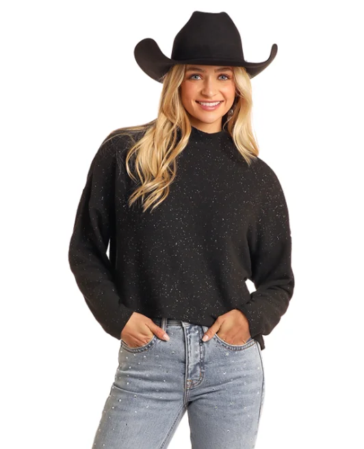 Rock and Roll Cowgirl Black Glittery Mock Neck Long Sleeve Pullover BW91T05645