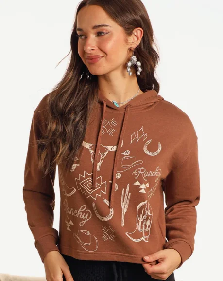 Rock and Roll Cowgirl Brown Range Western Cropped Hoodie AW94T05647