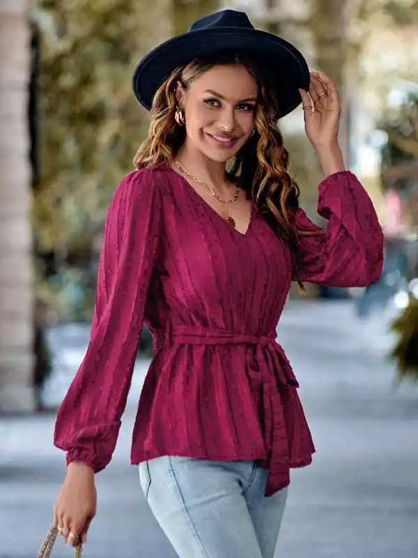 Casual V-neck tied waist slim long sleeves