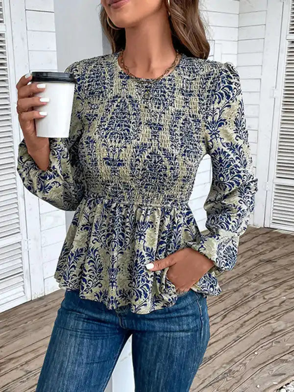 Ladies New Round Neck Elegant Slim Long Sleeve Print