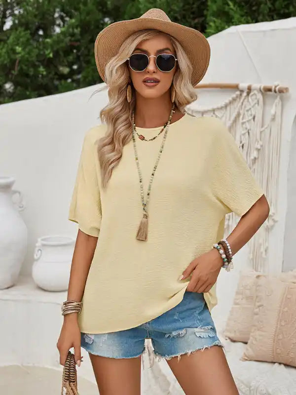 Loose round neck solid color lace back short sleeve top for women