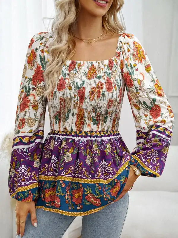 New Women’s Floral Square Neck Long Sleeve Top