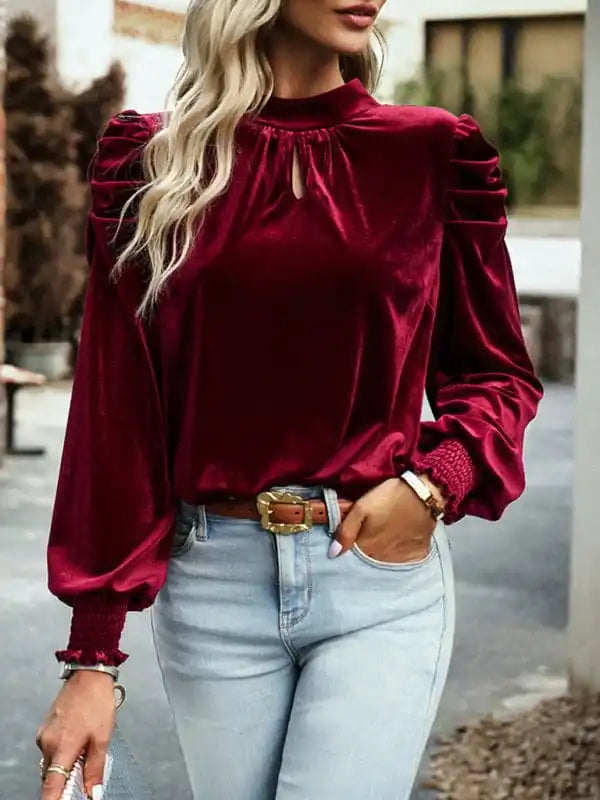 Women’s gold velvet turtleneck bow puff sleeve shirt