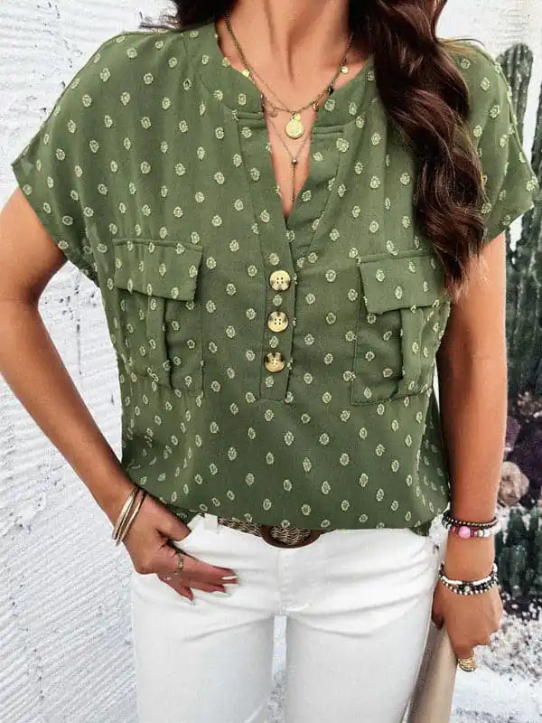 Women’s new temperament casual jacquard V-neck button top