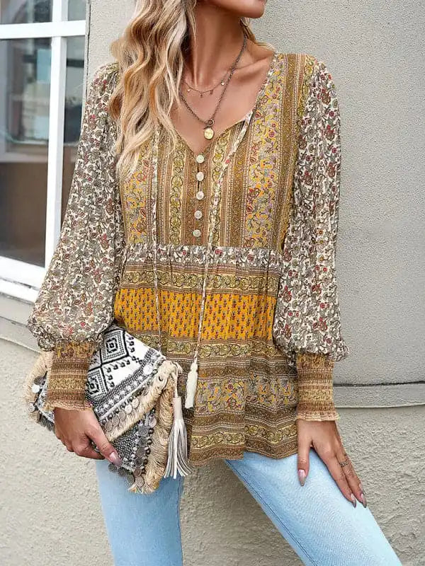 Women’s positioning printed button bohemian top