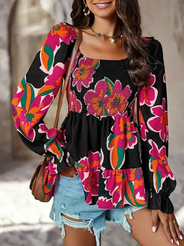 Women’s Square Neck Temperament Casual Printed Long Sleeve Shirt Top