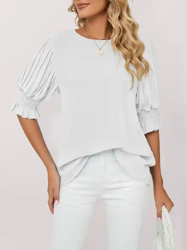 Women’s Woven Round Neck Ruffle Princess Sleeve Loose Chiffon Top