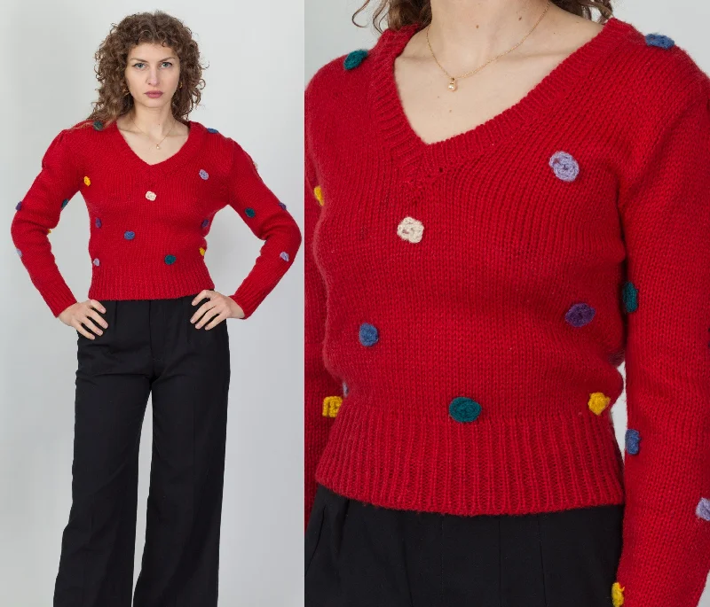 80s Red Rainbow Bauble Cropped Knit Sweater - Medium