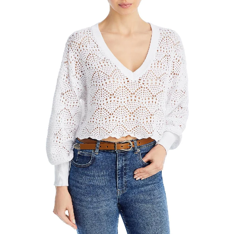 Womens Crochet Cropped V-Neck Sweater