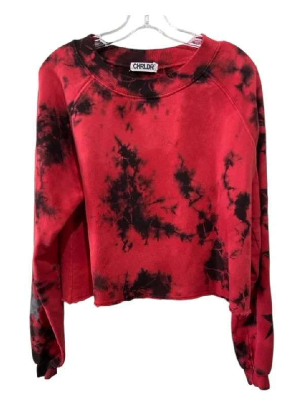 CHRLDR Size XS Red & Black Cotton Long Sleeve Tie Dye Cropped Raw Hem Sweater