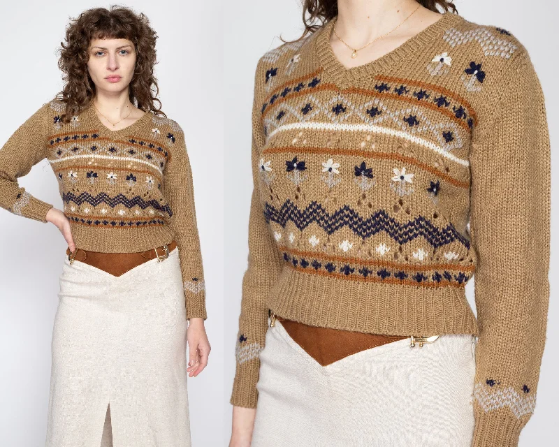 Medium 70s Floral Fair Isle Knit Cropped Sweater