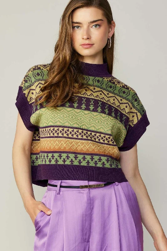 Green-Purple Mlt Opened Back W/ Strap Cropped Sweater