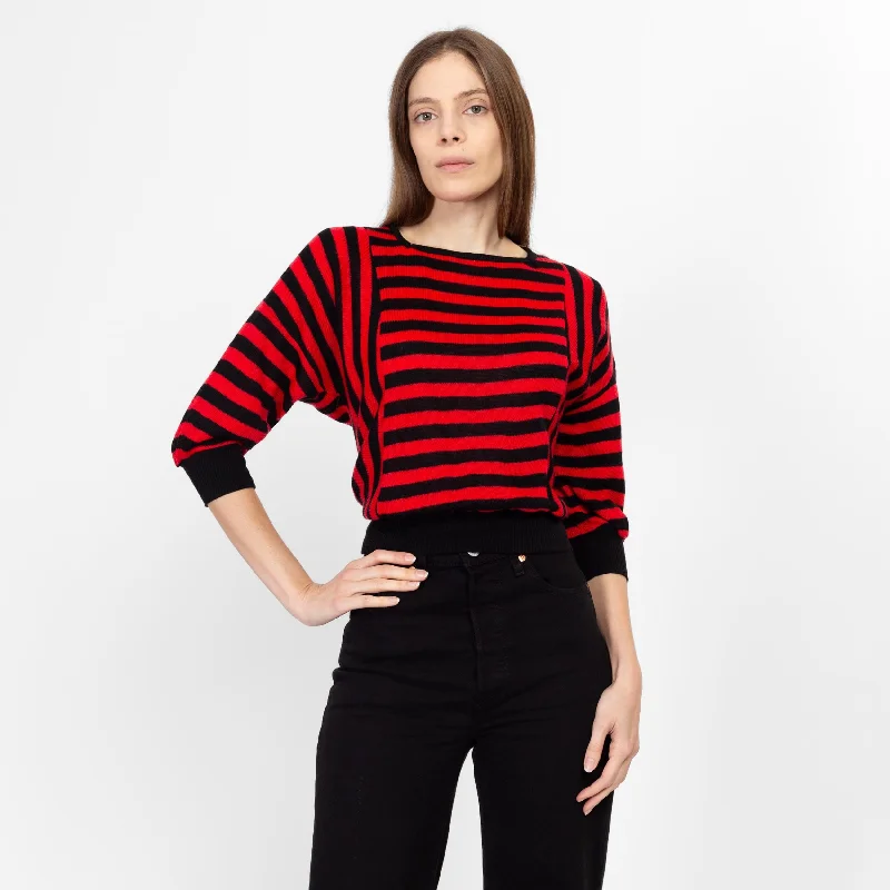 XS 80s Red & Black Striped Knit Cropped Sweater