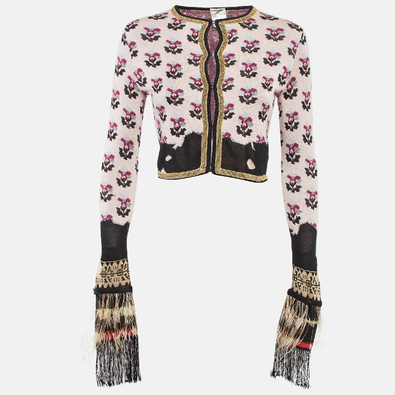 Chanel Pink Floral Pattern Knit Feather Fringe Detail Cropped Cardigan