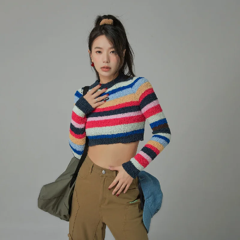 Rainbow Stripe Cropped Knit Sweater