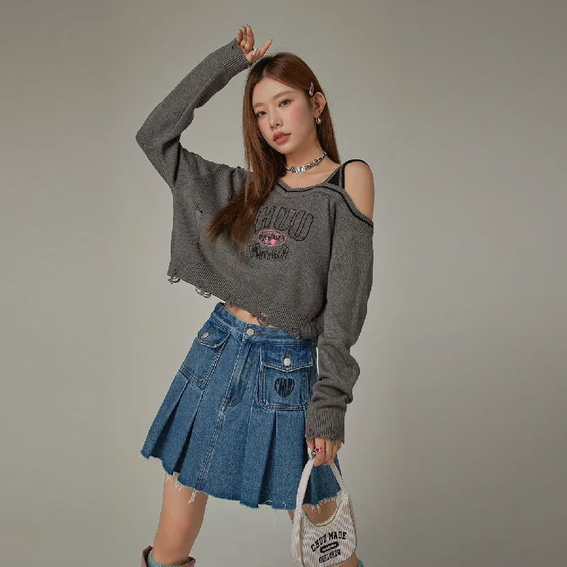 One Shoulder Cropped Loose Fit Knit Sweater