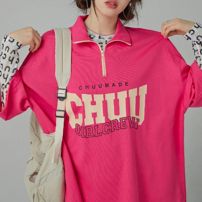 Girl Crew Half Zip-Up Loose Fit T-Shirt