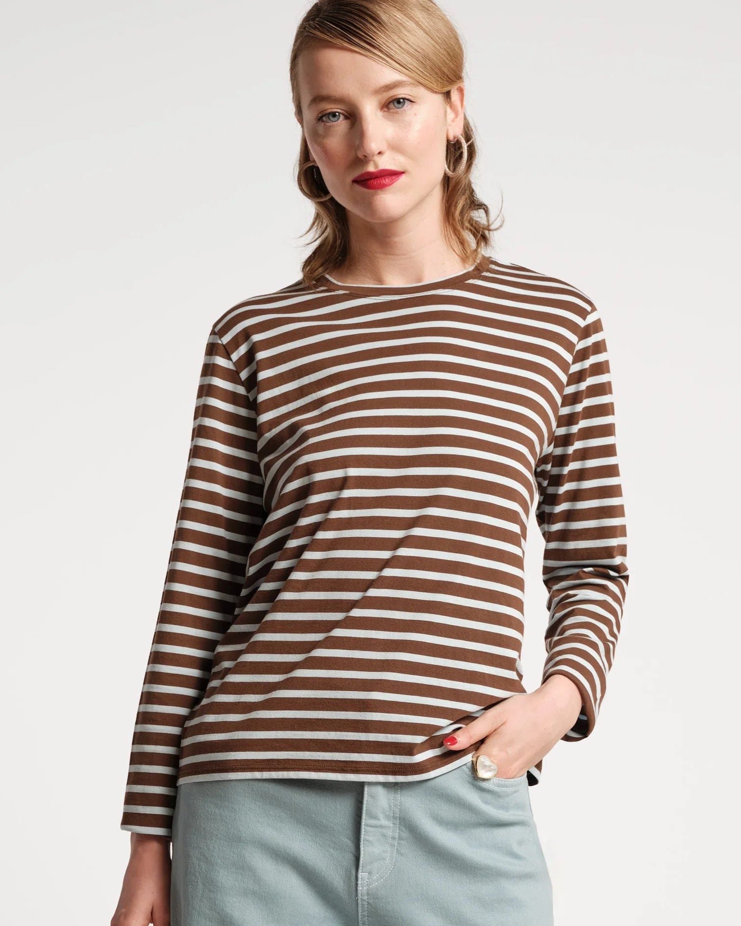 Frances Valentine Long Sleeve Striped Shirt Chocolate Light Blue