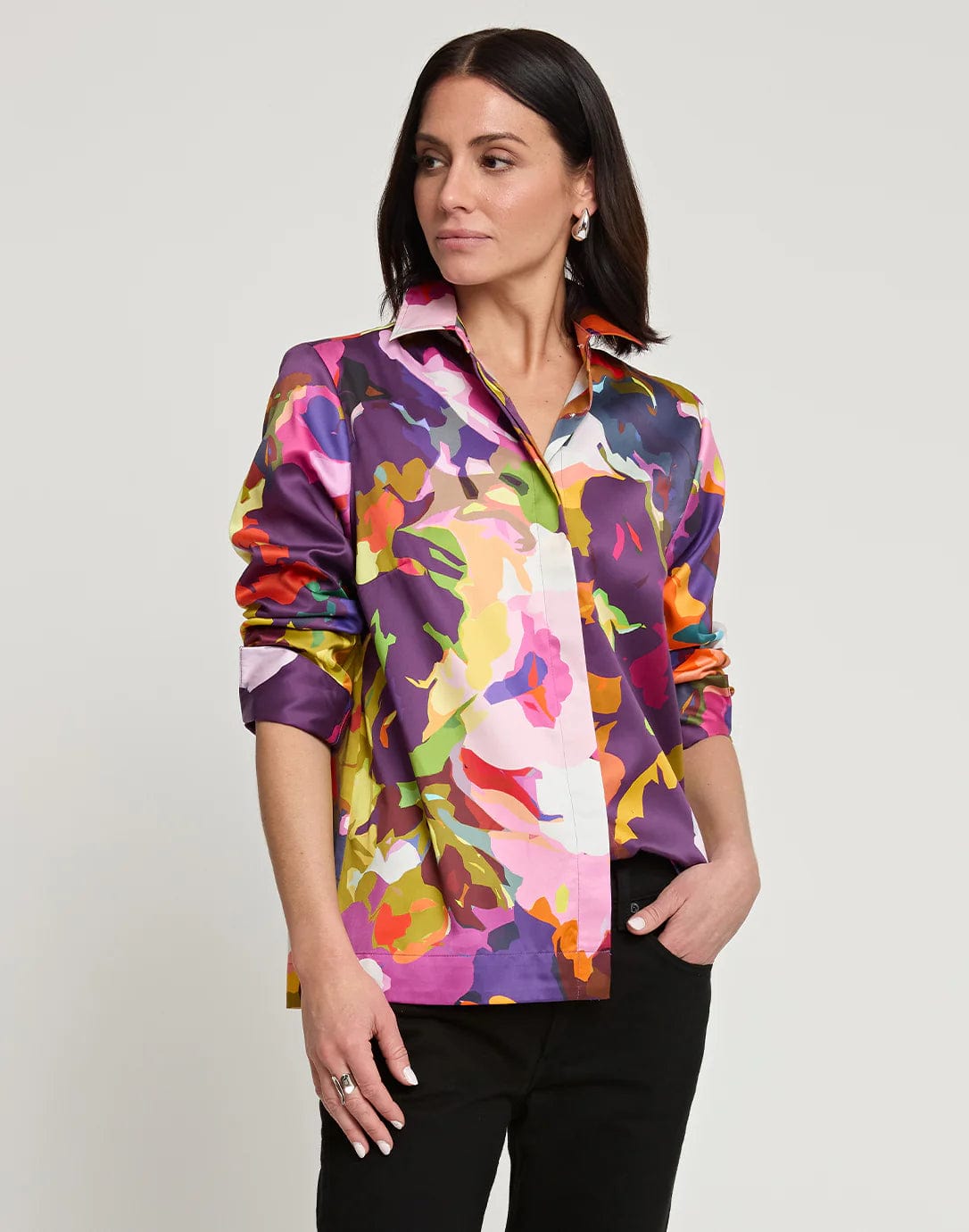 Hinson Wu Xena Long Sleeve Satin Mosaic Flower Print Shirt